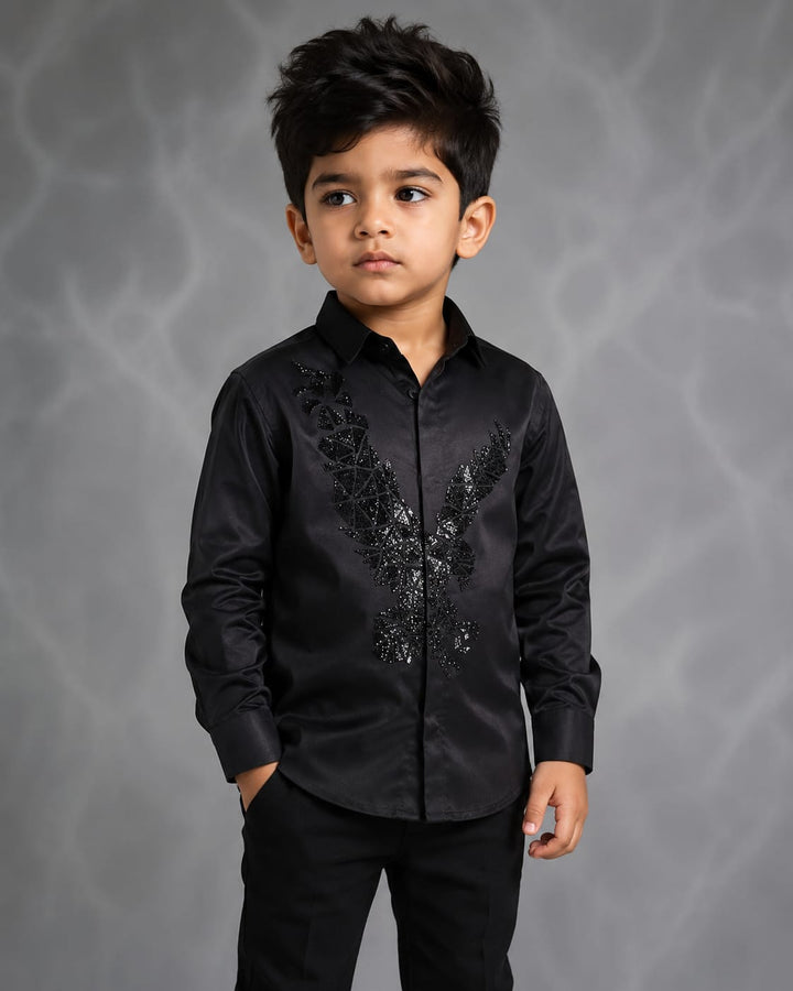 BOY BLACK SHIRT WITH HAND EMBROIDERED BLACK EAGLE CENTER