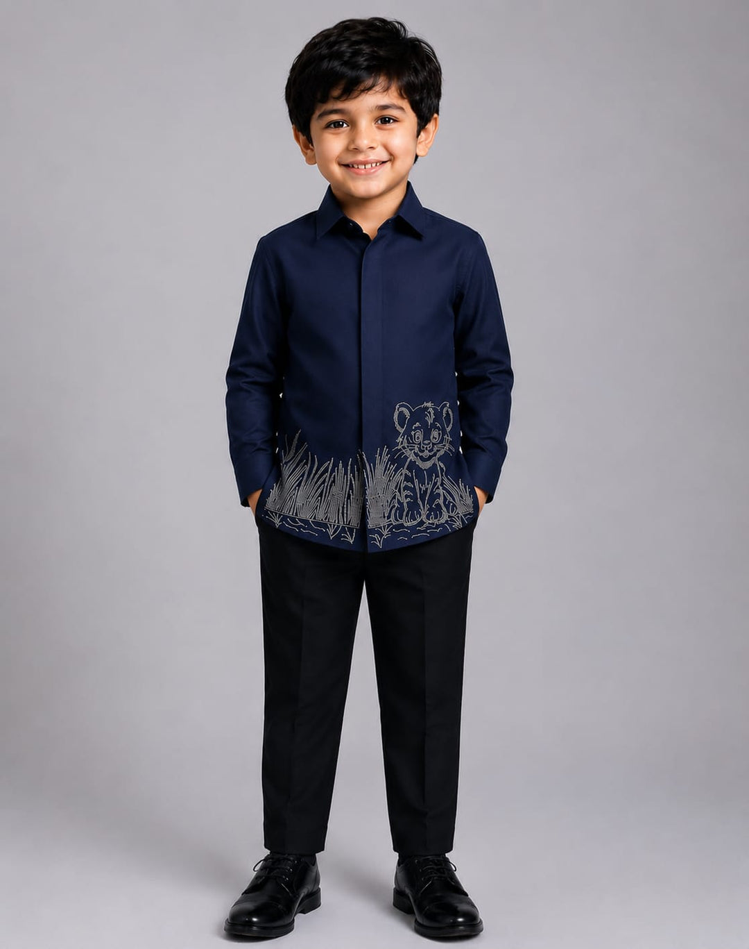 BOY NAVY BLUE SHIRT WITH HAND EMBROIDERED BABY CUB WITH GRASS