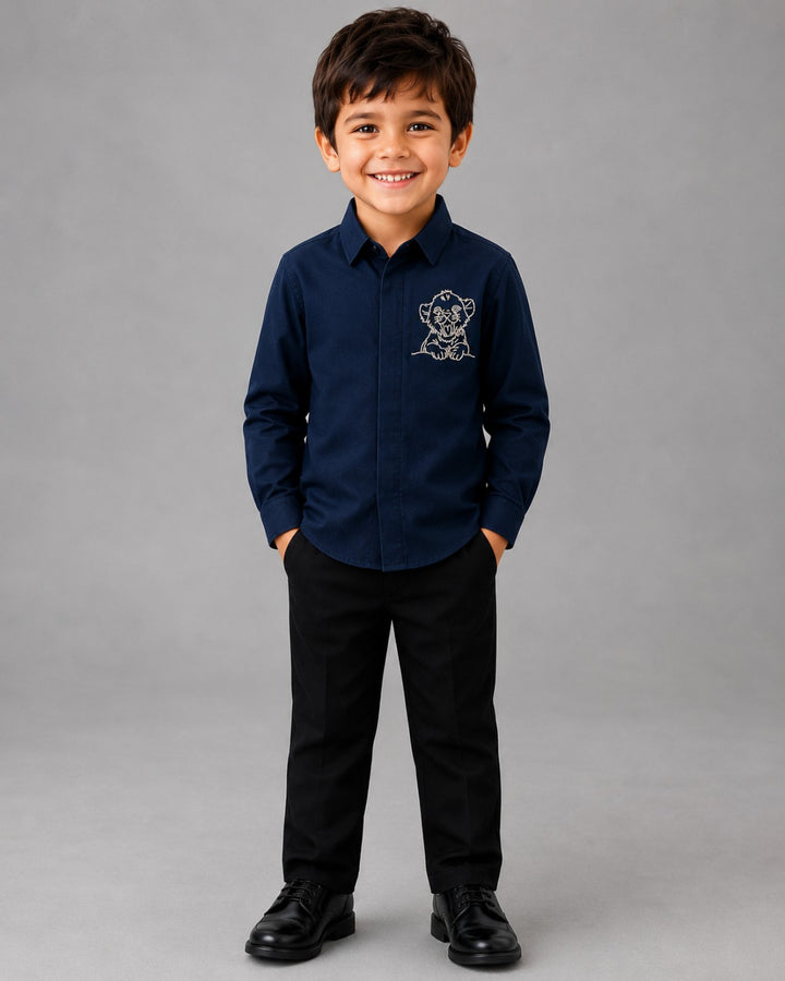 BOY NAVY BLUE SHIRT WITH HAND EMBROIDERED SILVER CUB ON POCKET SQAURE