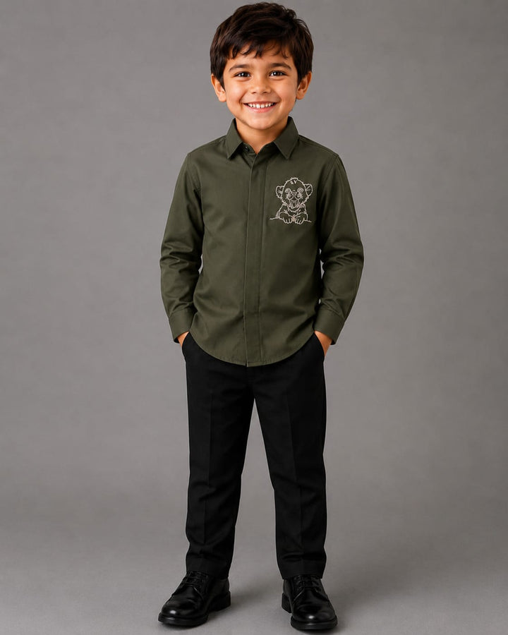 BOY OLIVE GREEN SHIRT WITH HAND EMBROIDERED SILVER CUB ON POCKET SQAURE