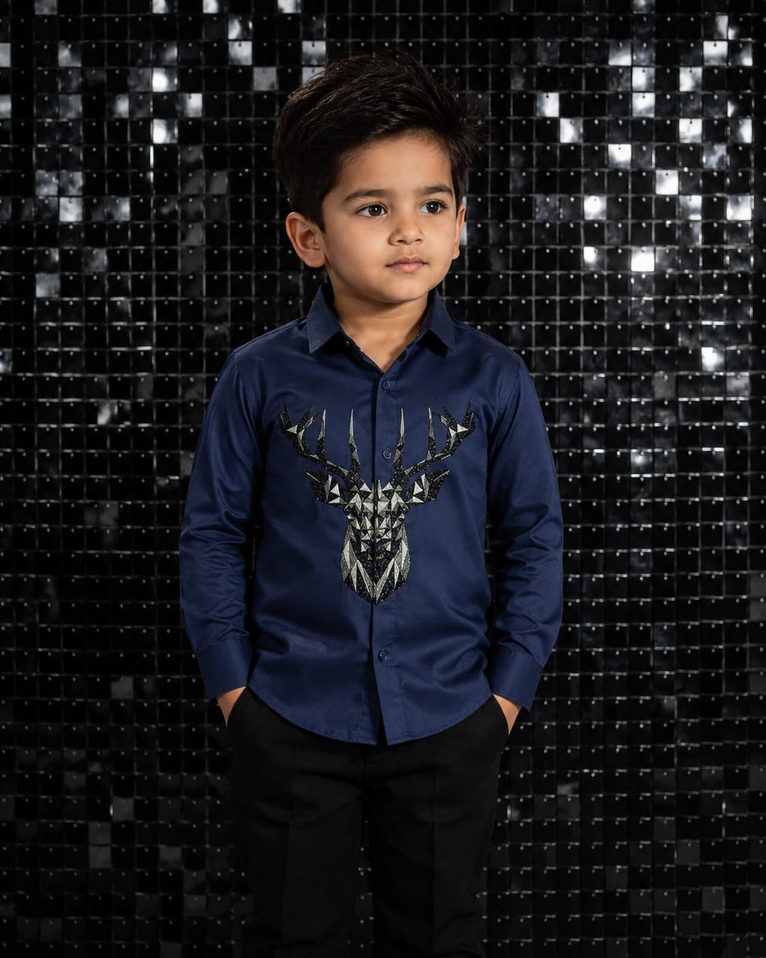 BOY NAVY BLUE SHIRT WITH HAND EMBROIDERED  3D REINDEER CENTER