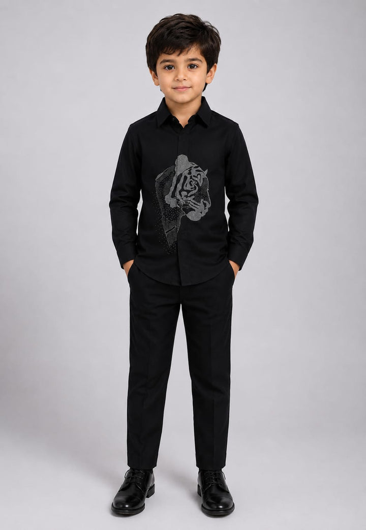 BOY BLACK SHIRT WITH HAND EMBROIDERED SILVER POTH  TIGER FACE CENTER