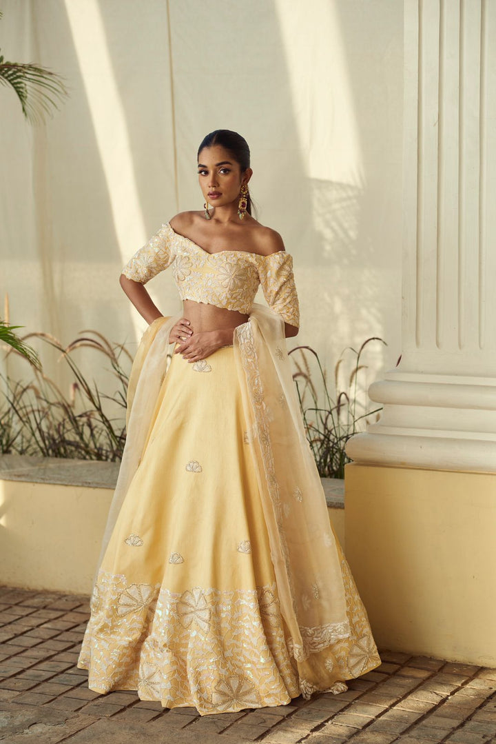 YELLOW LEHENGA HAND EMBROIDERED WITH OMBRE YELLOW AND WHITE DUPATTA